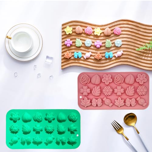 Candy Molds Silicone - 2Pcs Silicone Gummy Daisy Flower/Tulip Flower/Bow Tie/Leaf Candy Mold for Candy Chocolate Gummy Jello Baking Soap Pudding Cookie Desserts Making - color: Small Flower Molds