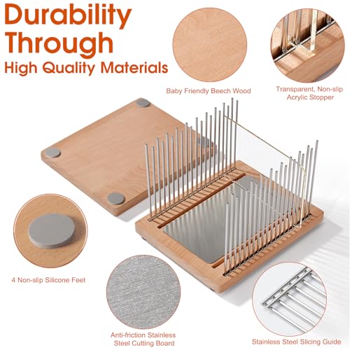 Bread Slicer, Stainless Steel Bread Slicer for Homemade Bread,Adjustable Bread Slicing Guide with Beechwood Bread Cutting Board for Loaf,Bagels & Baguette, Durable and Stable Wooden Structure
