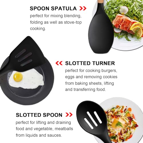 Silicone Kitchen Utensils Set of 6, Cooking Utensils Set with Heat Resistant Wooden Handle, Nonstick Silicone Spatula Spoon Turner Ladle, Cooking Kitchen Gadget for Cookware & Baking BPA FREE - color: Black, size: Standard 6-Piece Set