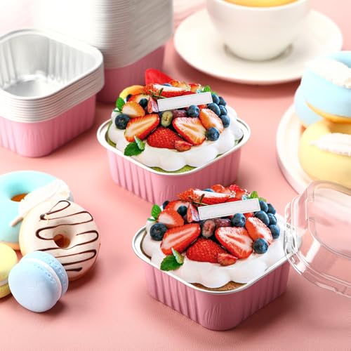 Skylety 100 Pcs 5oz Mini Square Cake Pans with Lids, Pink - color: Pink