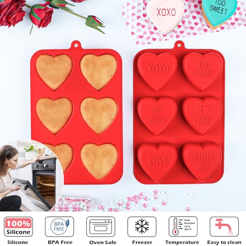Webake Large Conversation Heart Mold for Baking, Heart Silicone Cake Molds 6-Cavity Heart Shaped Cake Pans,2 Packs - style: Conversation Heart
