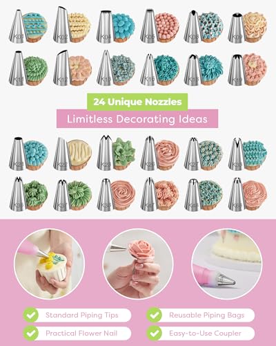 Kootek 32 Piping Bags and Tips Set Frosting Piping Kit for Beginners & Pros - color: Pink