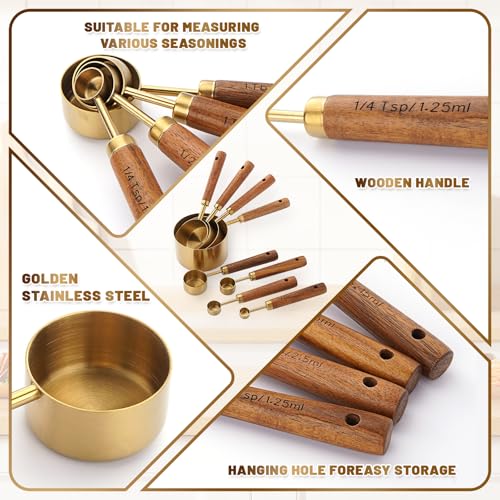Premium Stainless Steel Measuring Cups and Spoons Set with Wood Handle - color: Gold8