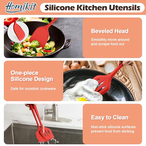 Homikit Kitchen Cooking Utensils Set, 15-Piece Silicone Spatula with Holder - color: Red