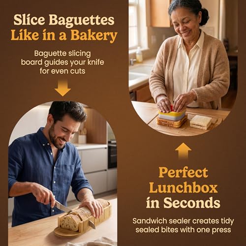Bread Slicer Guide for Homemade Bread 3-In-1 Set: Sourdough Rounds Slicer, Baguette Cutter & Sandwich Sealer | Bread Loaf Slicing, Adjustable Bamboo Bread Cutter With Knife & Magnetic Slot - size: 3-in-1 Set (Full Kit)