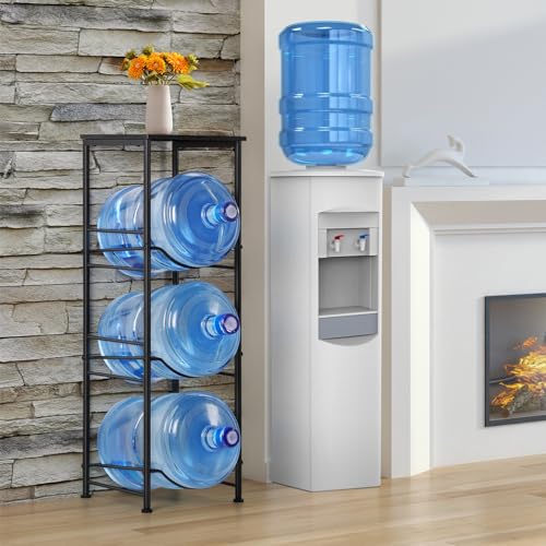 OYEAL Water Jug Holder Stand 5 Gallon Water Bottle Holder Organizer With Shelf, Heavy Duty 3 Tier Water Bottle Storage Rack for Kitchen, Office, Living Room, Black - style: Round Tube Black