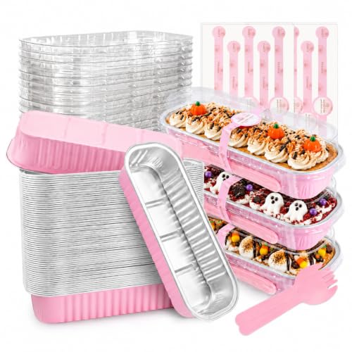 NPLUX 6.8oz Disposable Mini Loaf Pans with Lids 50 Pack Pink for Halloween - color: Pink