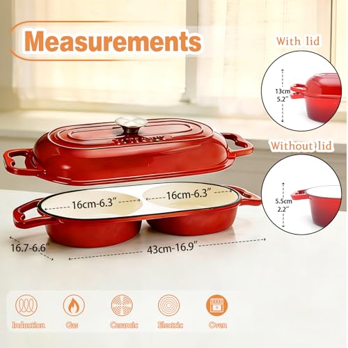 DIY Double Dutch Oven for Sourdough Bread Baking – Enamel Cast Iron Bread Baker with Lid, Bake Two Different Loaves at Once, 500°F Oven Safe, Includes 2×10" Banneton Proofing Baskets - color: Bright Red