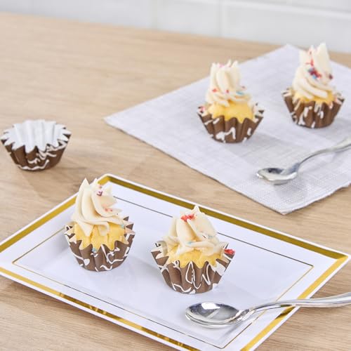 Restaurantware Panificio 0.4 Ounce Baking Cups 200 Flared Cupcake Liners - Oven-Ready Freezable Brown And White Paper Muffin Cases Disposable Chocolate Wisp For Wedding Parties Baby Showers - size: Small, style: Flared