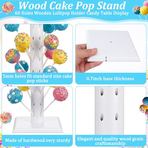 2 Pcs Wood Cake Pop Stand, 60 Hole Lollipop Holder Wooden Candy Dessert Decorative Display For Wedding, Birthday Party, Christmas Table Decoration, White