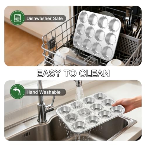 12-Cup Stainless Steel Muffin Pan, Cupcake Pan Metal Muffin Baking Tins for Oven & Dishwasher Safe, Cupcake Pans for Baking Non-toxic & Easy Clean Set of 2 ﻿