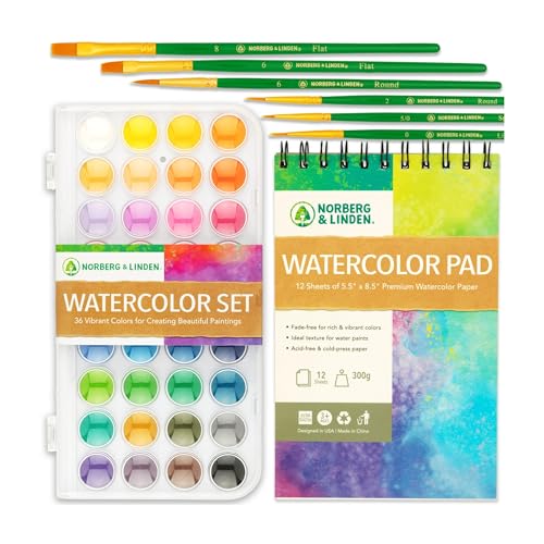 Norberg & Linden Watercolor Paint Set - 36 Premium Paints - 12 Page Pad - 6 Brushes - Painting Supplies with Palette, Watercolors, Art Pad Paper and Artist Brushes