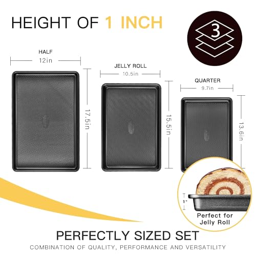 Cookie Sheets for Baking Nonstick - HONGBAKE Baking Sheet Pan Set of 3, Half/Quarter/Jelly Roll Pan for Oven with Diamond Texture Pattern, 57% Thicker Carbon Steel Cookie Trays, Dark Grey - color: Dark Gray (Carbon Steel)