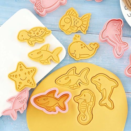 8 Mini Ocean Animal Cookie Cutters Set, 3D Raised Design Animal Embossing Stamps, Goldfish, Whale, Crab, Dolphin, Starfish, Shark, Turtle, Seahorse, Baking Molds - color: Ocean