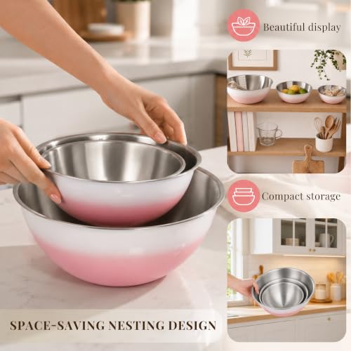 Pink Gradient Mixing Bowls with Measurements, 3-Piece Set - color: Pink Gradient