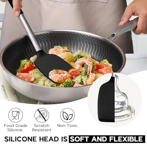 Onader Silicone Kitchen Utensils Set of 10, Cooking Utensils with Holder and Heat Resistant Stainless Steel Handle for Nonstick Cookware - Black - color: Black