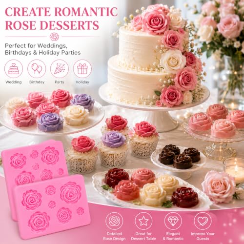 2 Pack Rose Flower Silicone Molds, Food Grade Non-Stick Molds for Cake Chocolate Mousse Jelly Fondant Sugarcraft Wedding Party Baking - color: 2PCS Rose Flowers