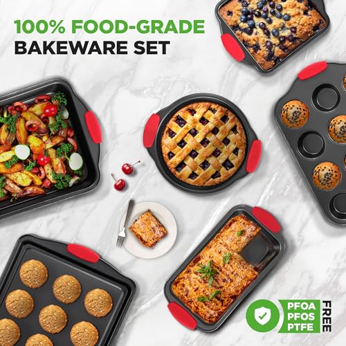 NutriChef Nonstick Baking Pans Set 6 Piece | Carbon Steel Baking Pans for Oven with Silicone Handles Stackable Bakeware | Includes Cookie Sheet, Muffin, Loaf, Round and Square Pan | 446°F Max, Gray - size: Set of 6