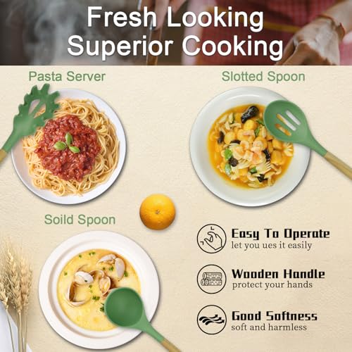 MYKUJA Silicone Cooking Utensils Set, Heat Resistant Kitchen Utensils Set, Spatula,Turner Tongs,Spoon,Brush,Whisk, Cooking Kitchen Utensils Spatula Set, Nonstick Cookware（sage green）