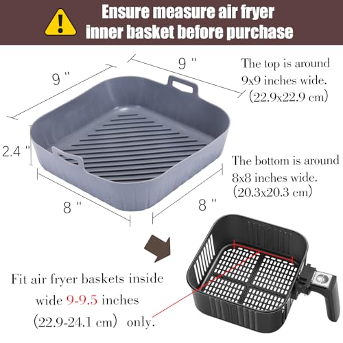 Golden Associate Silicone Liners Square for Air Fryer, 2 Pcs Non-stick Food-grade Reusable Basket Silicone Pot Baking Tray Airfryer Accessories, Top Size 9 inches, Bottom Size 8 inches - size: 9'' square