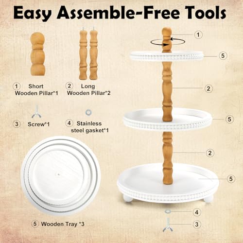 SYNCVIBE Wooden Farmhouse Round White 3 Tiered Decorative Tray Stand - color: white