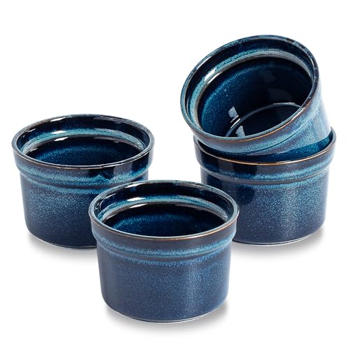 5.5 oz Ceramic Ramekins Set of 4, Reactive Glaze Porcelain Baking Dishes, Oven Safe Souffle Cups for Creme Brulee, Pudding, Dipping Sauces, Custard & Desserts - Royal Blue - color: Royal Blue
