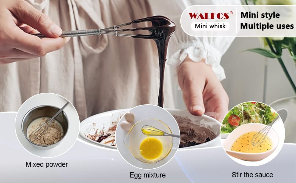Walfos Mini Whisk,Non-Rust Whisk,304 Stainless steel Small Whisks.Heat Resistant 450℉.6+8Inch Tiny whisks Nice for Whisking, Blending Ingredients, Beating, Mixing Sauces (Silver) - color: 2pcs stainless steel; 6+8in