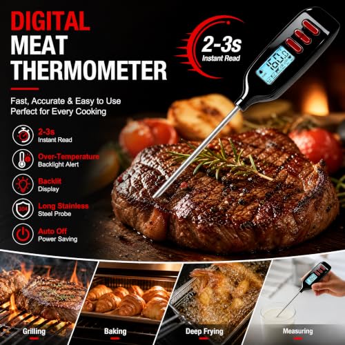 Antonki Meat Thermometer Digital, Smart Instant Read Food Thermometer with Super Long Probe for Cooking Grilling Baking Kitchen Candy BBQ Oil Liquid, Backlit Display, Battery Included