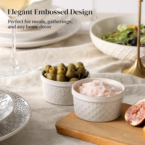 DOWAN Ramekins Oven Safe with Lids 4 oz, Charcuterie Boards Bowls Set for Creme Brulee, Souffle, Dipping Sauces, Custard Cups Ceramic Food Storage Containers, Set of 6, Beige - size: 4 oz
