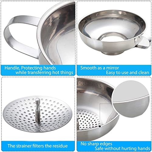 Kalave Canning Funnel, Food Grade Stainless Steel Canning Funnels with Strainer, Wide Mouth Funnels for Kitchen Use, Canning Supplies Kit for Wide and Regular Mason Jars - 3 Pack (Small and Large) - size: 5.6x2.1+ 4.2x1.4 Inch Mouth