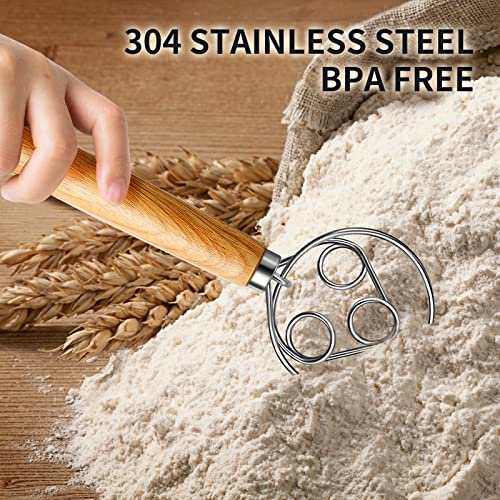 TEEVEA Danish Dough Whisk Wooden Handle Stainless Steel for Sourdough Bread - color: 3 Eyes Dough Whisk