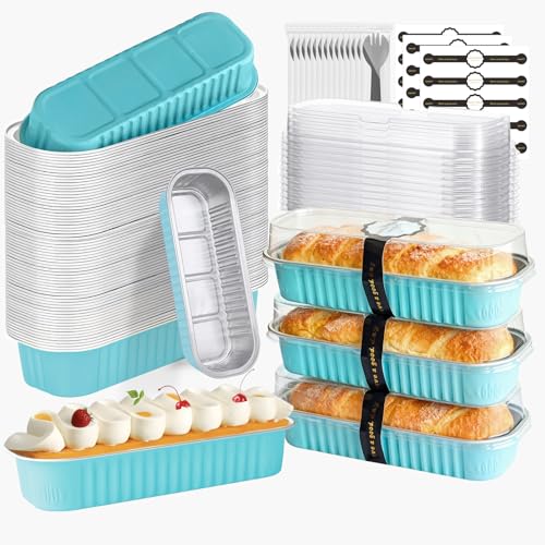 100 Pack Mini Cake Pans with Lids and Spoons, Mini Loaf Baking Pans 6.8oz, Small Disposable Aluminum Foil Loaf Pans, Rectangular Baking Containers for Party and Picnics, Cheesecake Pans (Blue) - color: wathet