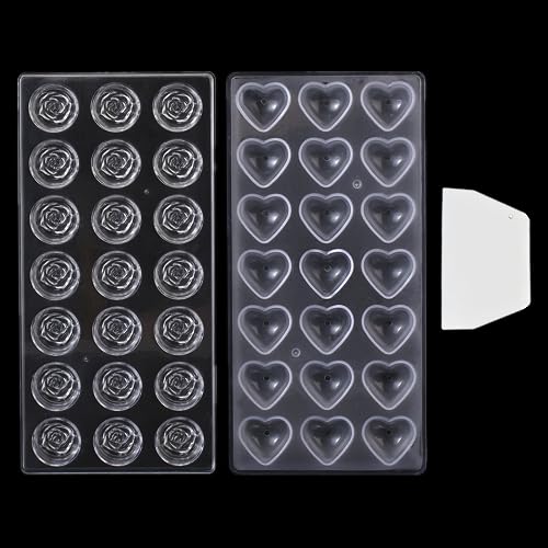 Pack of 2 Chocolate Candy Mold PC Polycarbonate Chocolate Making Mould with Scraper(Heart+Rose) - color: Heart+Rose