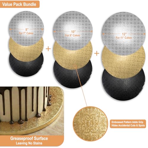 Cake Board Drums 8, 10 & 12 Inch (9 Pack) in Silver, Gold & Black Color - color: Silver + Gold + Black