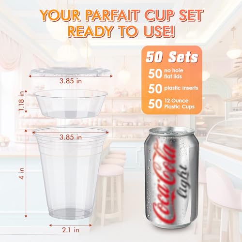 50 Sets 12 oz Disposable Plastic Parfait Cups with Insert & Flat lids - size: Flat Lids - 12 oz