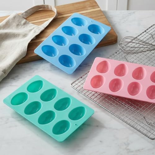3Pcs 8-Cavity Easter Silicone Egg Molds, Egg Shaped Cake Pop Mold, Baking Supplies for Making Chocolate Jello Candy Dessert Muffin Mousse Pastry - color: Pink,Blue,Green