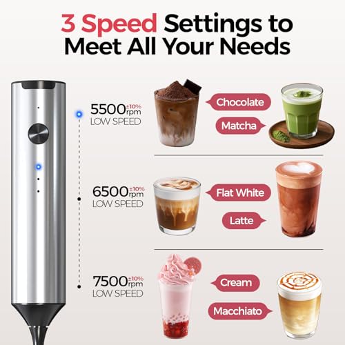 YARRAMATE Rechargeable Milk Frother, 3-Speed Electric Whisk, 2 Heads