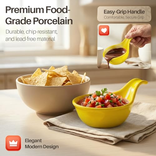 Flexzion Small Dipping Bowls with Handles, Ceramic Yellow, 3 oz, 6-Pack - color: Yellow