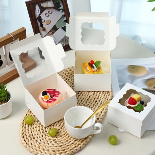 Moretoes 50pcs Small Cookie Boxes with Window, 4x4x2.5In White Bakery Boxes - color: White