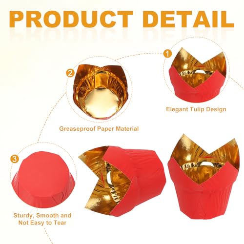 uxcell 50 Pcs Tulip Baking Cups Cupcake Muffins Liners Aluminum Foil Paper Greaseproof Wrappers for Weddings Birthday Party Festivals Christmas, Gold/Red - color: Gold/Red, size: 3.1