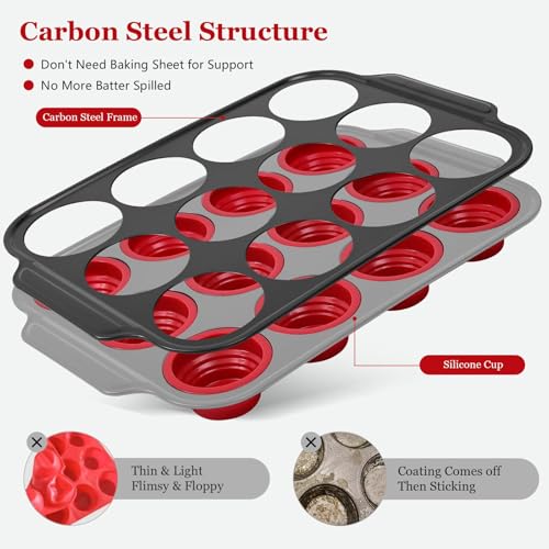 Silicone Muffin Pan, 12-Cup Nonstick Silicone Muffin Pans for Baking, Food-Grade Cupcake Pan for Oven, Microwave, Dishwasher Safe, BPA-Free Silicone Baking Mold for Muffins, Cupcakes, Egg Muffins - color: 12 Cups Red