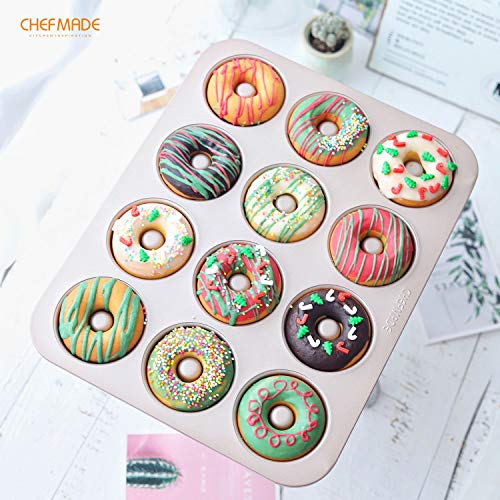 CHEFMADE Donut Mold Cake Pan, 12-Cavity Non-Stick Ring Doughnut Bakeware for Oven Baking (Champagne Gold) - size: 01 - Round 12 Cups
