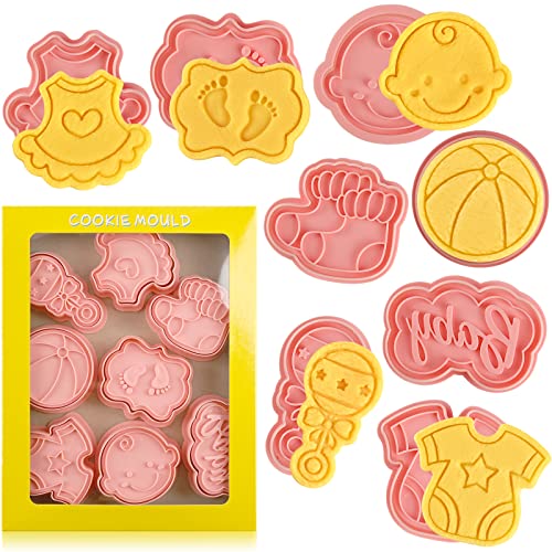 Baby Shower Cookie Cutters Set, 8 Pcs Cookie Cutter with Plunger Stamps, Cute Cookie Cutters for Baby Shower Biscuit Cheese Baking - color: Baby Shower Cookie Cutters With Plunger Stamps