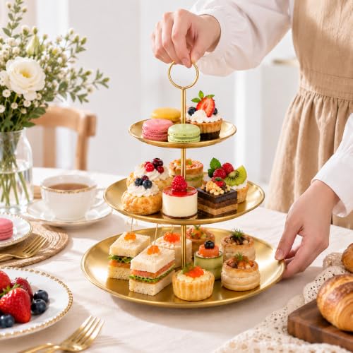 ABuff 3 Tiered Gold Cupcake Stand 2 Pack Stainless Steel Gold Tiered Dessert Stand Cupcake Display Tower 3 Tier Serving Tray Cake Stand for Baby Shower Birthday Party Wedding, Small