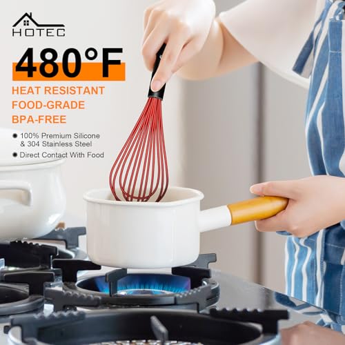 HOTEC 4Pcs Silicone Whisk Set, Wire Balloon Whisks for Cooking Egg Beater - color: Red,Yellow,Blue,Purple