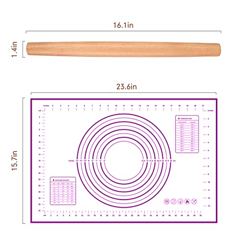 QUELLANCE 16 Inch Wood Rolling Pin for Baking, Wooden French Dough Roller with Purple Silicone Pastry Mat, Beech Wood Rolling Pins for Baking Dough, Pizza, Pie, Pastries, Pasta and Cookies - size: PL-16 inch