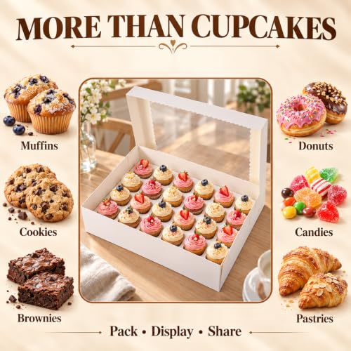 6Pack Cupcake Boxes with Window, 24 Count Cupcake Carriers - color: Pink Polka Dots
