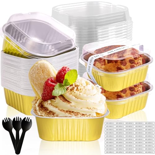 10oz Mini Cake Pans With Lids 50 Pack ,Mini Loaf Pans 4”x4” Cake Container - color: 10OZ-Gold 2