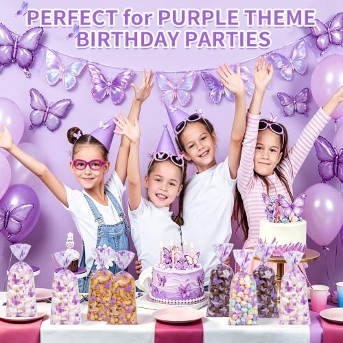 ZYLOP 50 Pcs Purple Butterfly Cellophane Goodie Bags, Plastic Candy Treat Bags with 60 Pcs Silver Twist Ties for Butterfly Theme Baby Shower Birthday Party, Spring Easter Dessert Cookie Gift Bags - color: Purple 50pcs