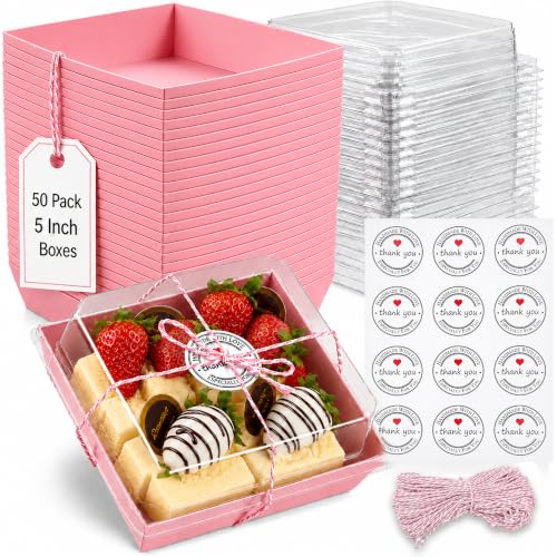 50 Pack 5in Small Clear Treat Boxes, Disposable Paper Dessert Boxes To Go - color: Pink